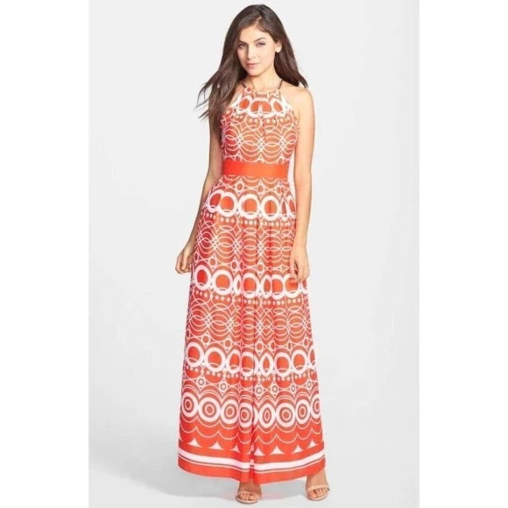 Eliza J Maxi Dress Halter Necklace Circle Abstract Print Size 4